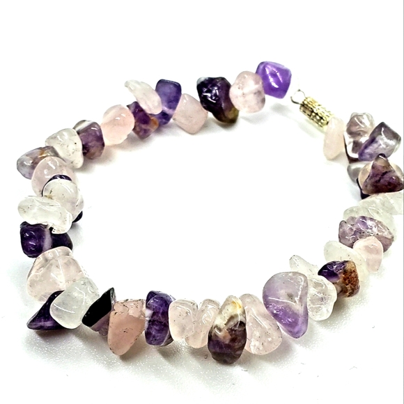 Women Amethyst, Rose and Clear Quartz Elastic Bracelet with Clasp - Picture 1 of 2
